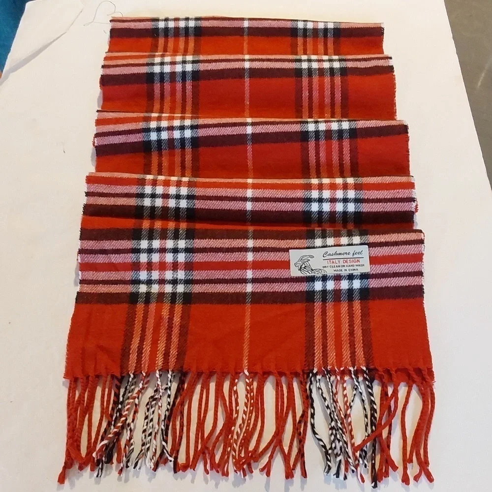 Cashmere Unisex Red/ Black Plaid Butter Soft Fringe Dress Holidays Winter Scarf